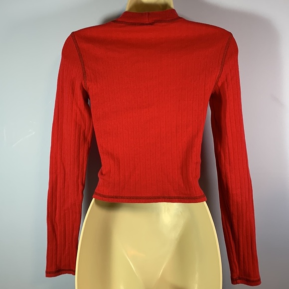 American eagle size small red mock neck long sleeve crop tshirt pointelle knit - Picture 4 of 9